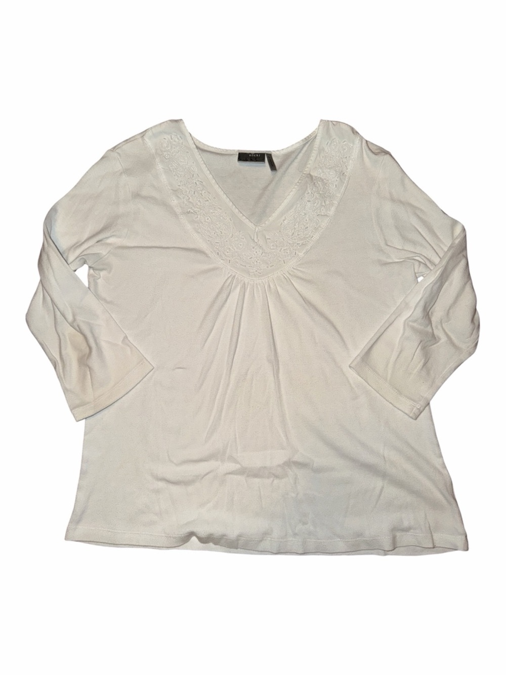 Nicki by Nicole Miller White V-Neck Lace Trim with 3/4 Sleeves Women's Top - Lg